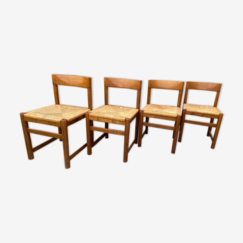Suite de 4 chaises paillées vintage années 70