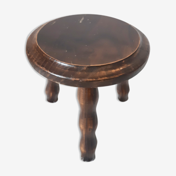 Tabouret de traite rond vintage , en bois massif , tripode , années 50