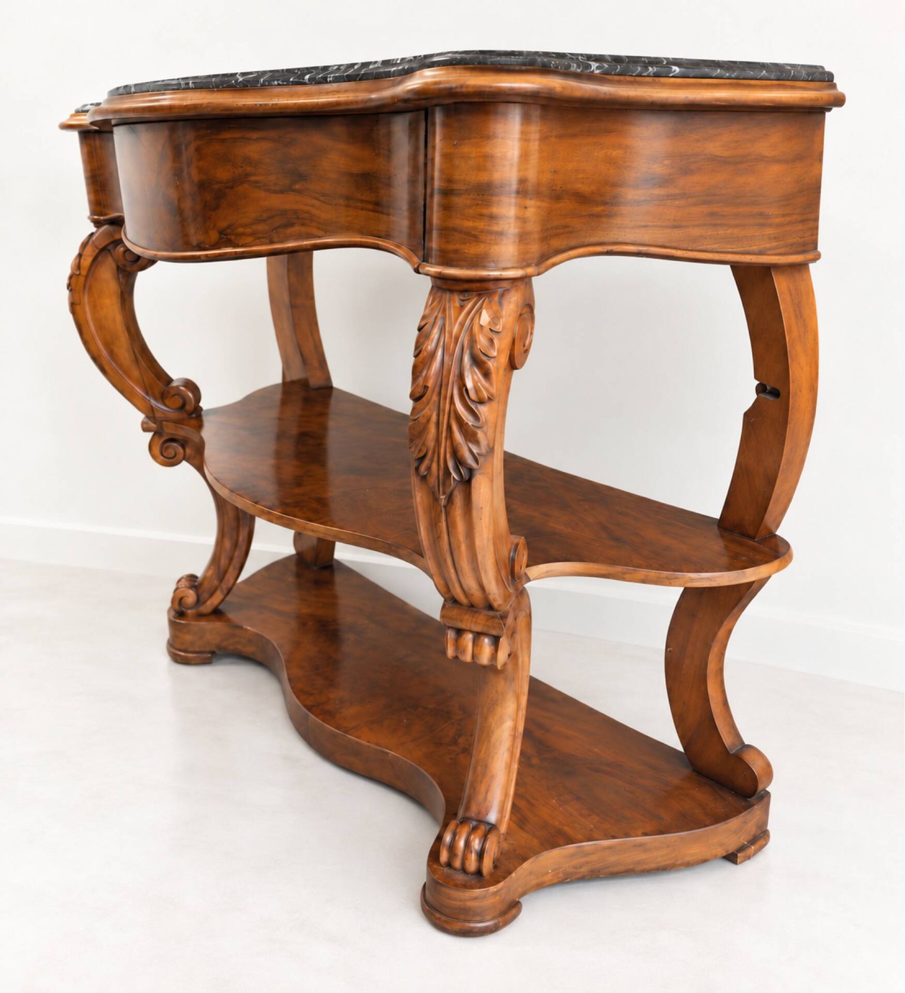 Console ancienne en bois sculpté et marbre gris veiné – Style Napoléon