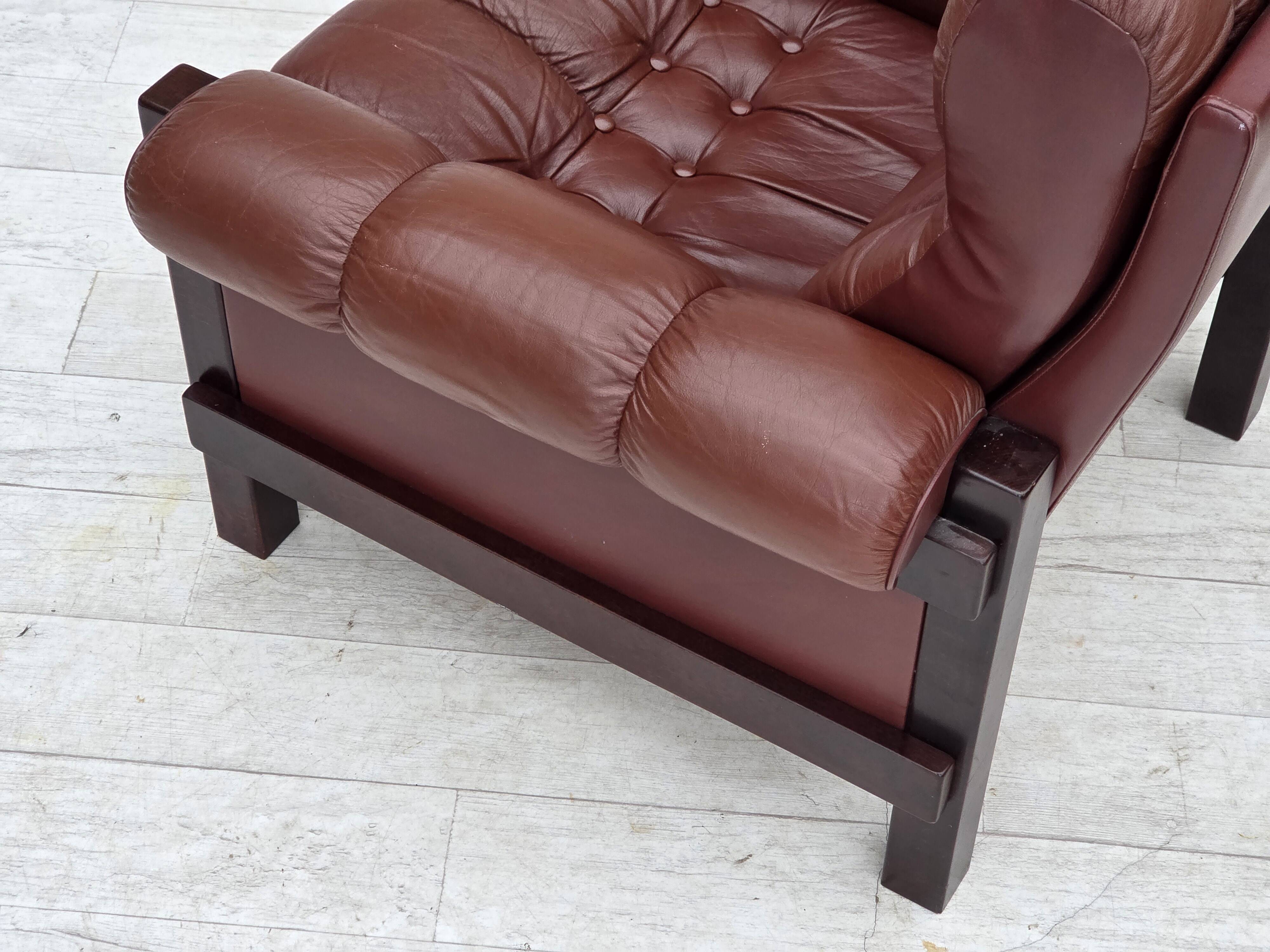 1970s, Scandinavian armchair, furniture leather, dark beech wood.