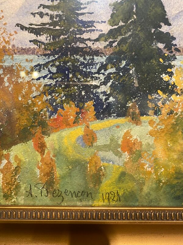 Tableau ancien , paysage d’un lac Suisse, signé A Bezencon , daté 1921