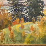 Old painting, landscape of a Swiss lake, signed A Bezencon, dated 1921