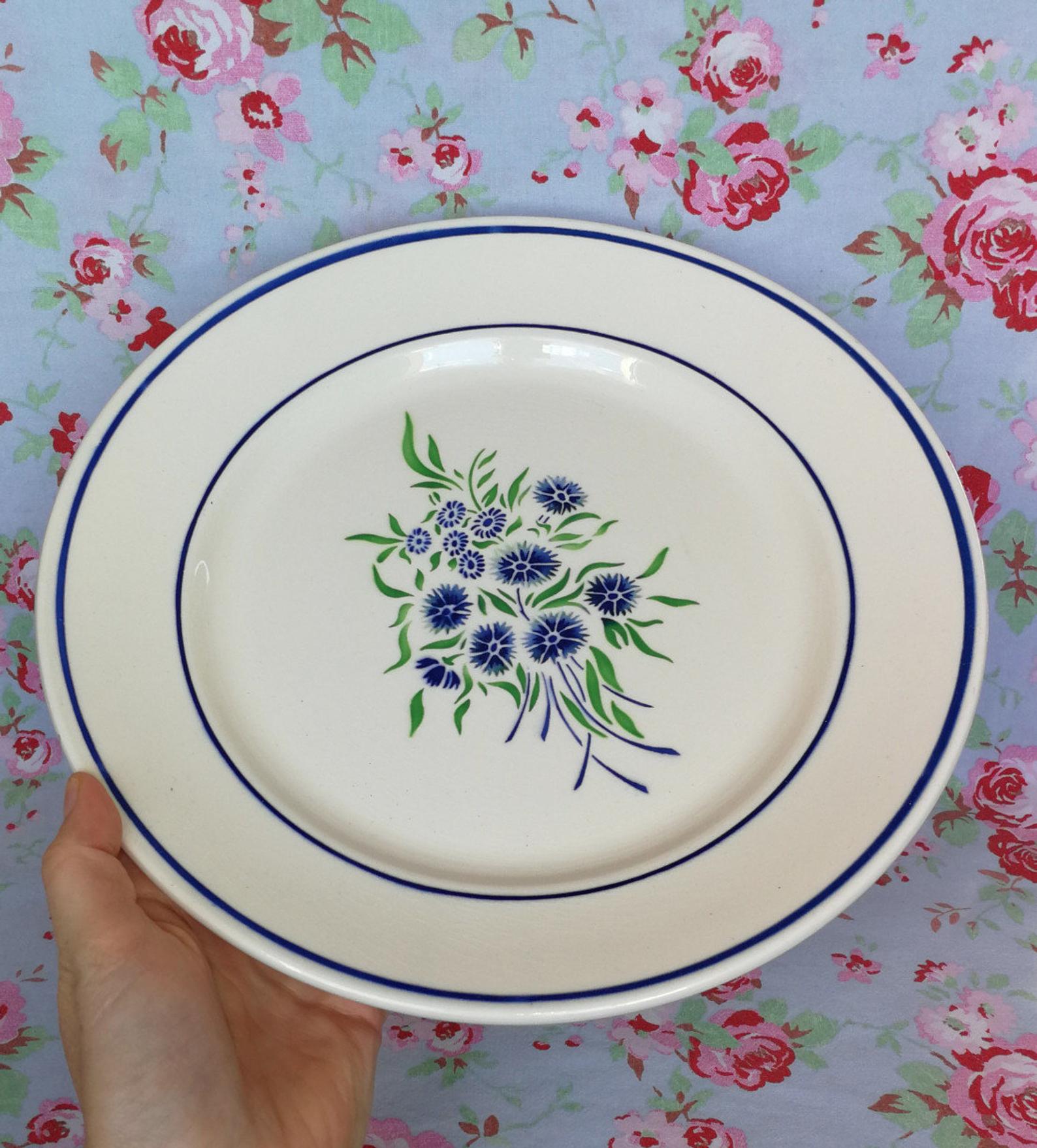 Large Dish Dish Old Badonviller, model Francine, Blue and Green Flowers in The Stencil