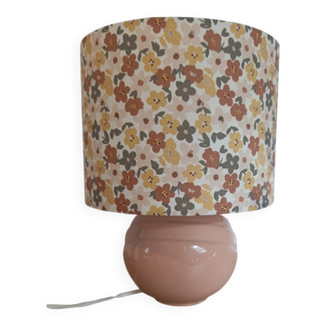 Lampe céramique vieux rose, abat-jour floral liberty rétro.