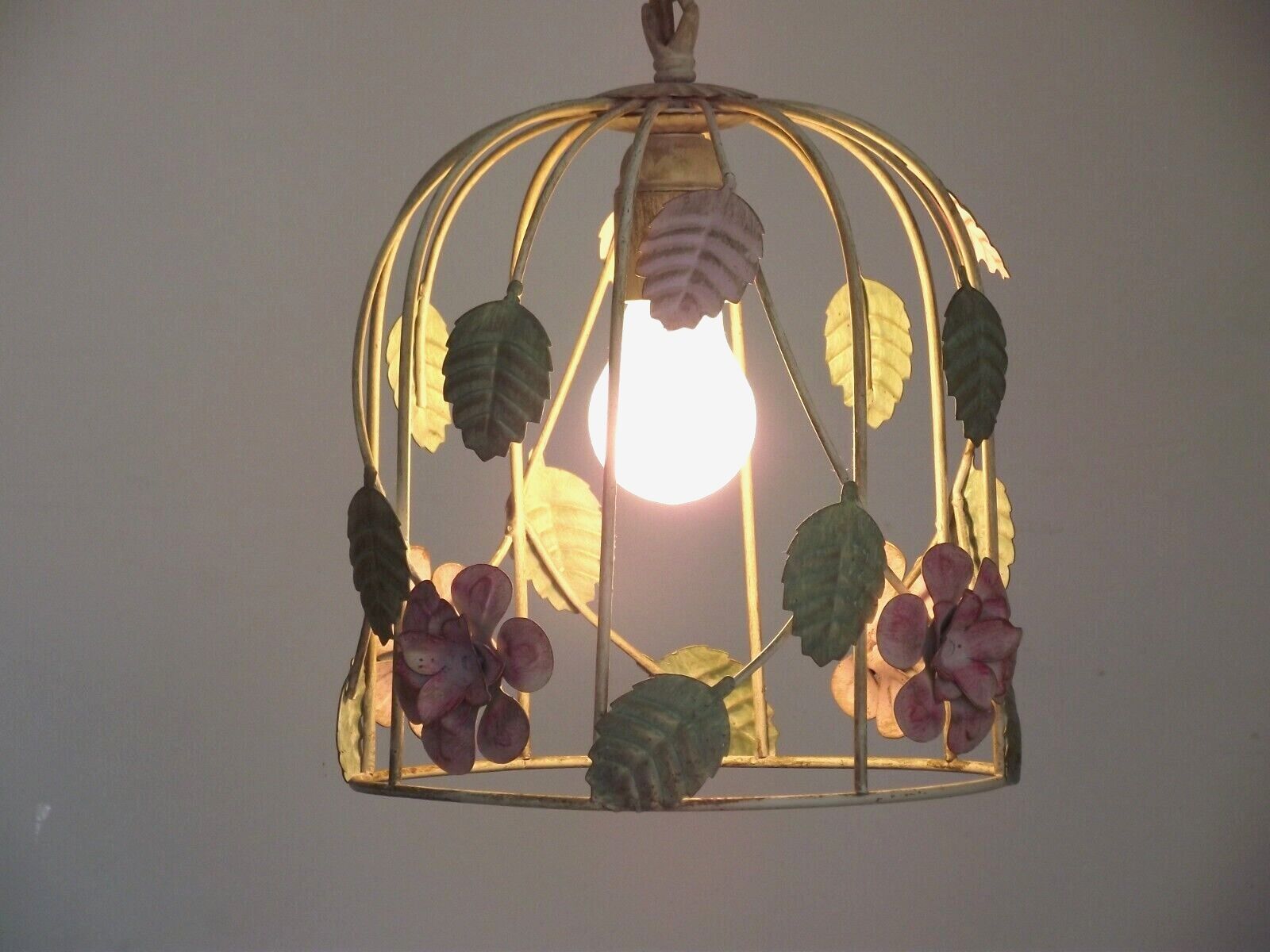 French vintage single bulb Toleware cage light with pink and green flowers