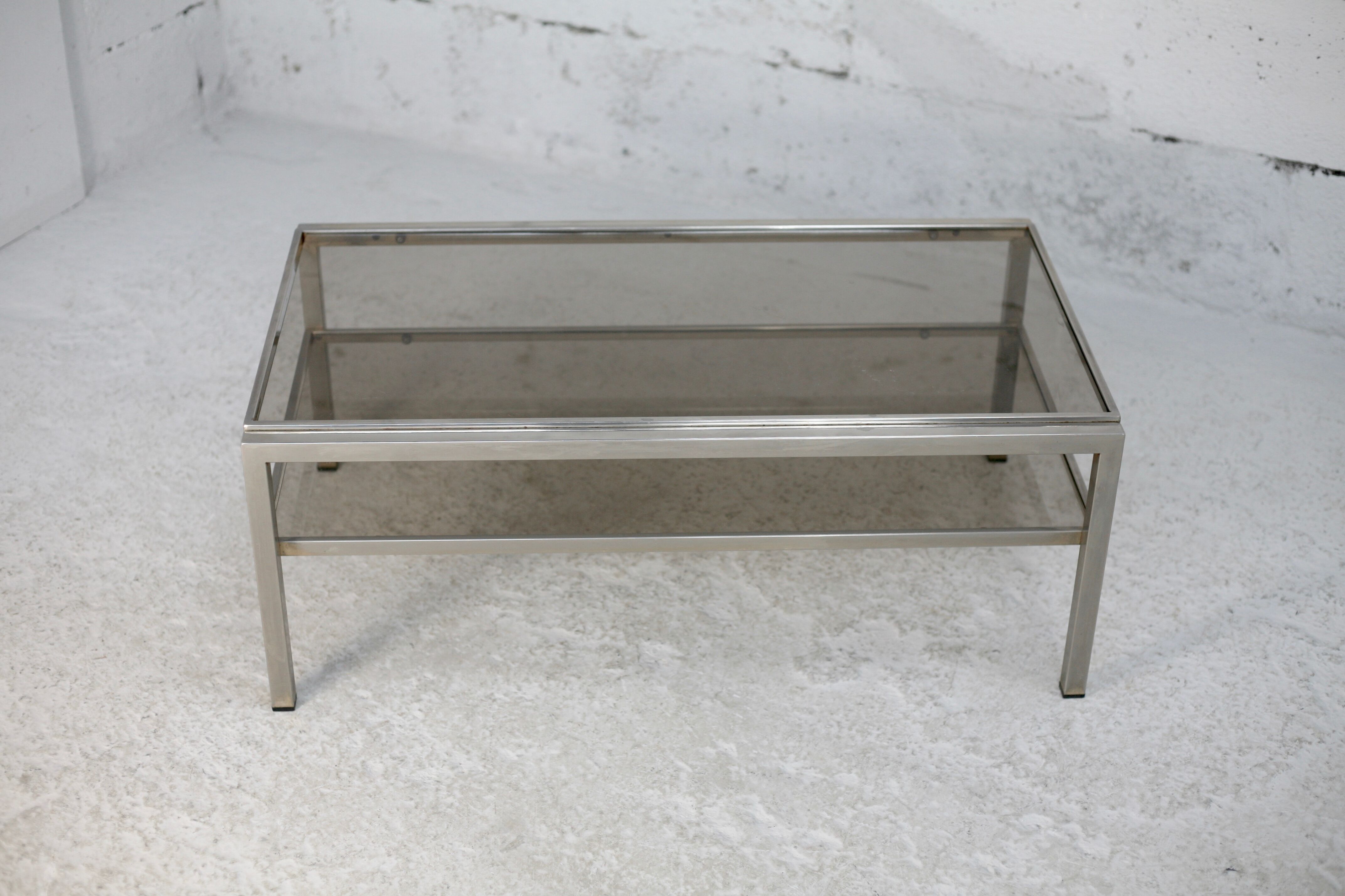 Double coffee table trays smoked glass steel. France, circa 1970