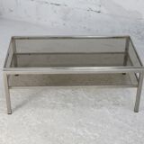 Double coffee table trays smoked glass steel. France, circa 1970