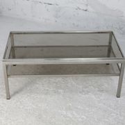 Double coffee table trays smoked glass steel. France, circa 1970