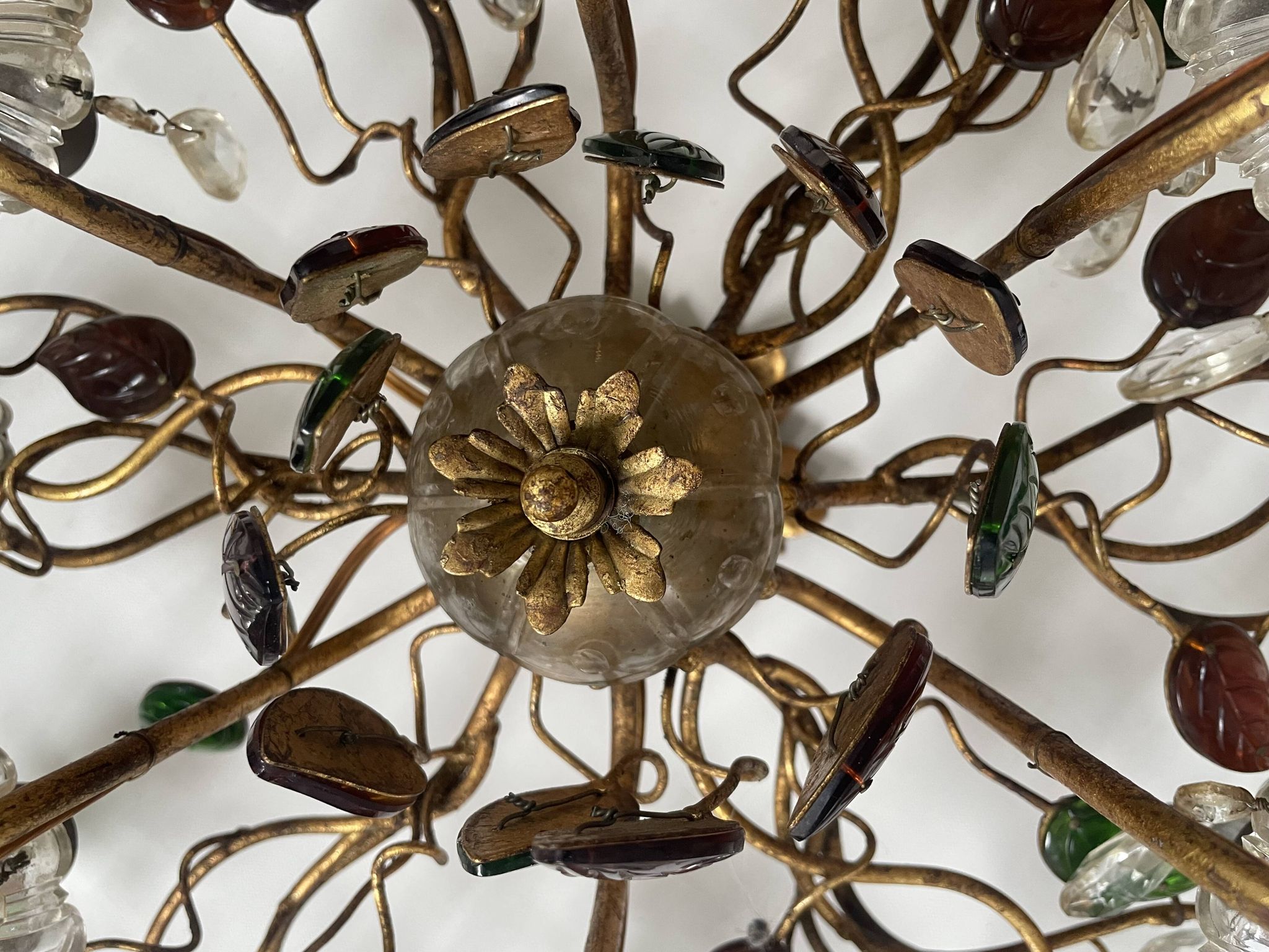Floral chandelier Banci Firenze with 6 lights, coloured glass and gold metal.