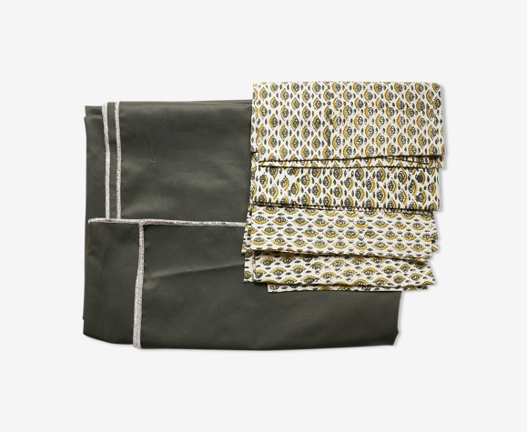 Nappe et serviettes en coton upcyclées vertes et jaunes