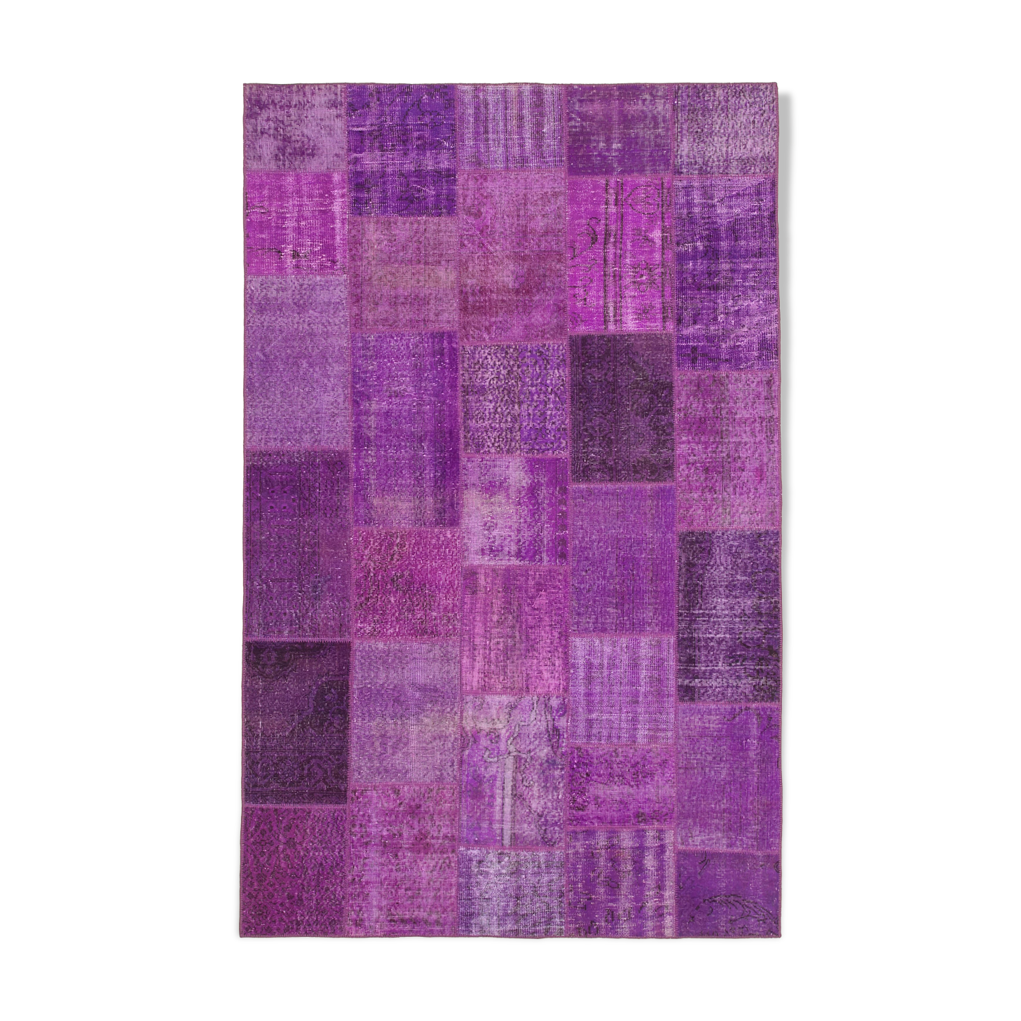 Hand-knotted oriental overdyed 190 cm x 300 cm purple patchwork carpet