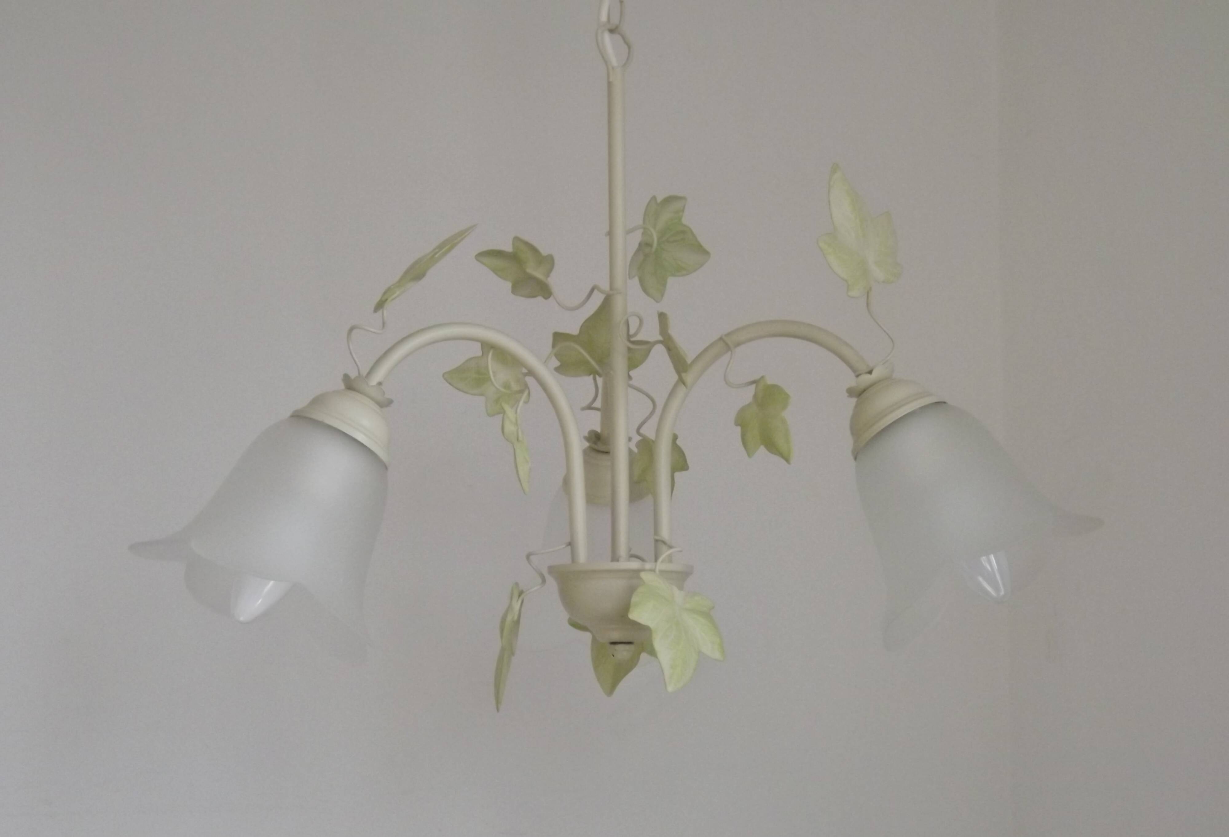 French Vintage 3 Light Green Ivy Chandelier with Opaque Glass Shades
