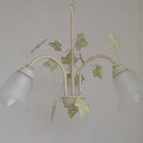 French Vintage 3 Light Green Ivy Chandelier with Opaque Glass Shades