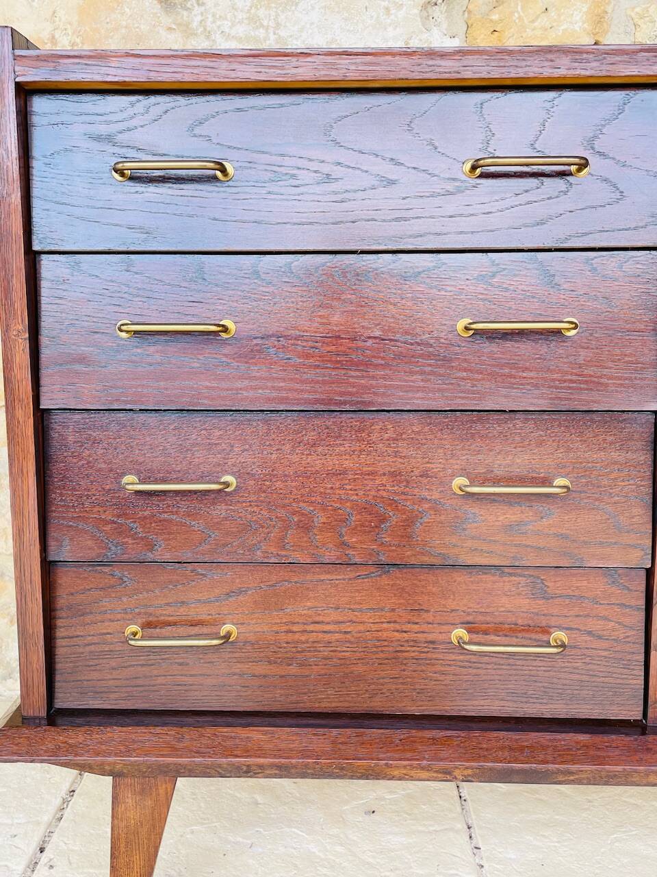Large vintage chest of drawers with four drawers and one door in oak, circa 1960s
