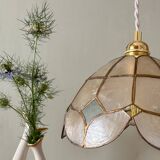 Vintage pendant lampshade in white and blue mother-of-pearl and brass