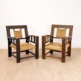 Neo-Basque sculpted armchairs in straw and oak, 1940s, set of 3
