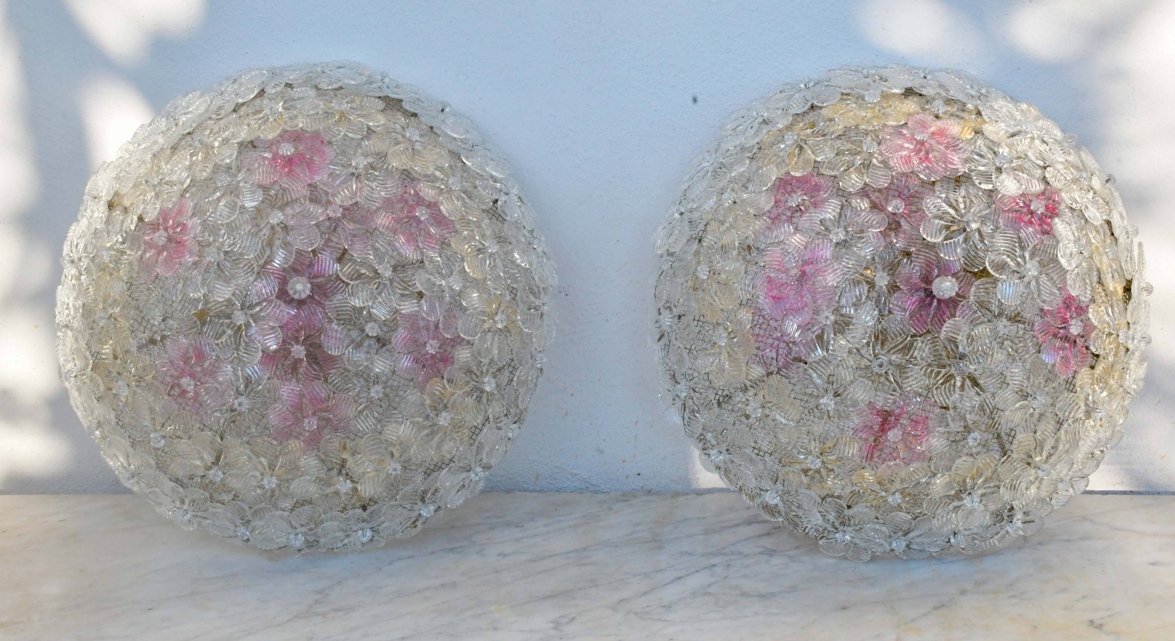 Amazing set of 2 Murano glass ceiling flower by Seguso for Venini