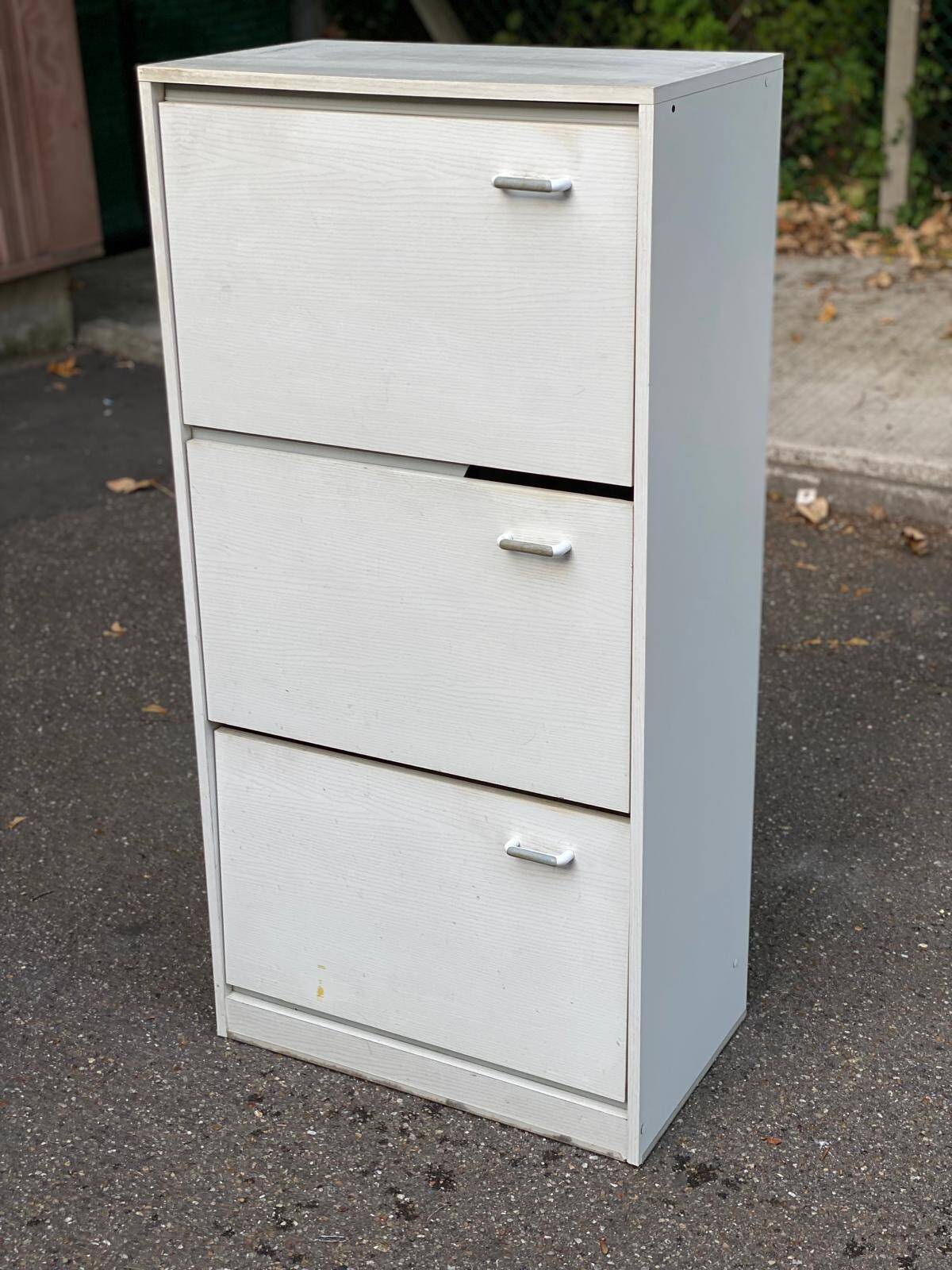 Scandinavian shoe cabinet with 3 beige wooden compartments from the 80s