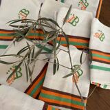 8 serviettes de table vintage liteaux oranges et verts monogramme JB