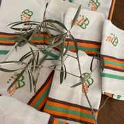 8 serviettes de table vintage liteaux oranges et verts monogramme JB