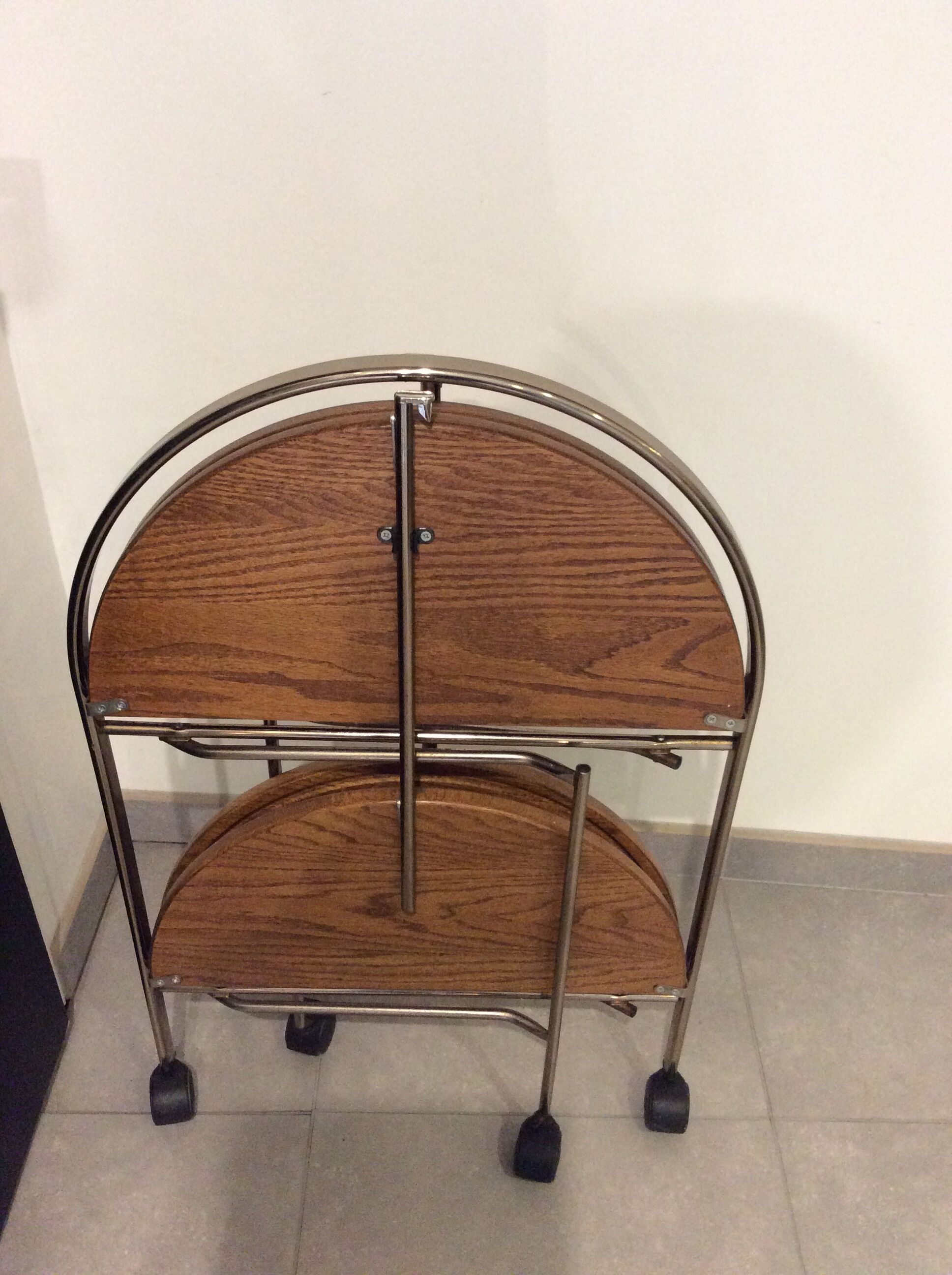 Round vintage foldable wooden and brass server