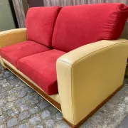 Art Deco 3-seater convertible sofa in genuine beige leather and red fabric from the 1980s.