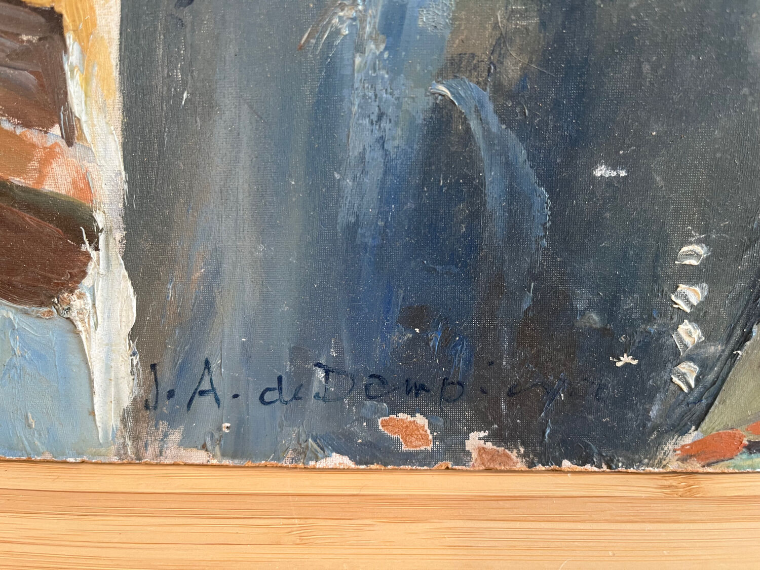 Castle in the rooftops, oil on wood panel, signed JA Dompierre.