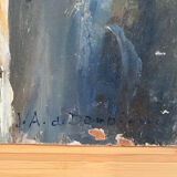 Castle in the rooftops, oil on wood panel, signed JA Dompierre.