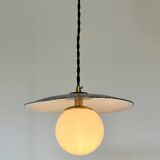 Industrial pendant light made of speckled enameled sheet metal and opaline