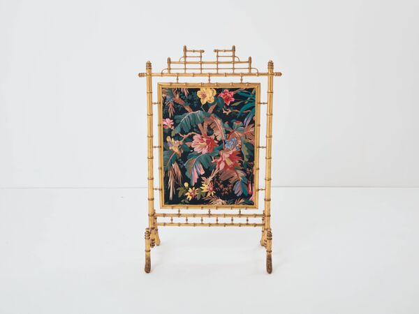 Pare feu décoratif bois doré faPare feu décoratif bois doré façon bamçon bambou et soierie années 60