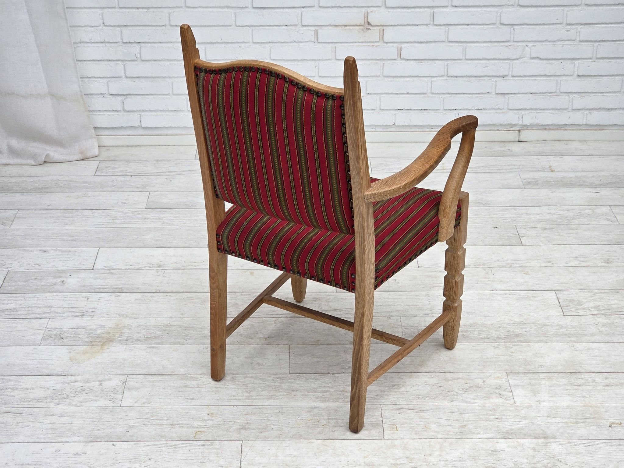 1970s, Danish armchair, striped red furniture wool, solid oak wood.