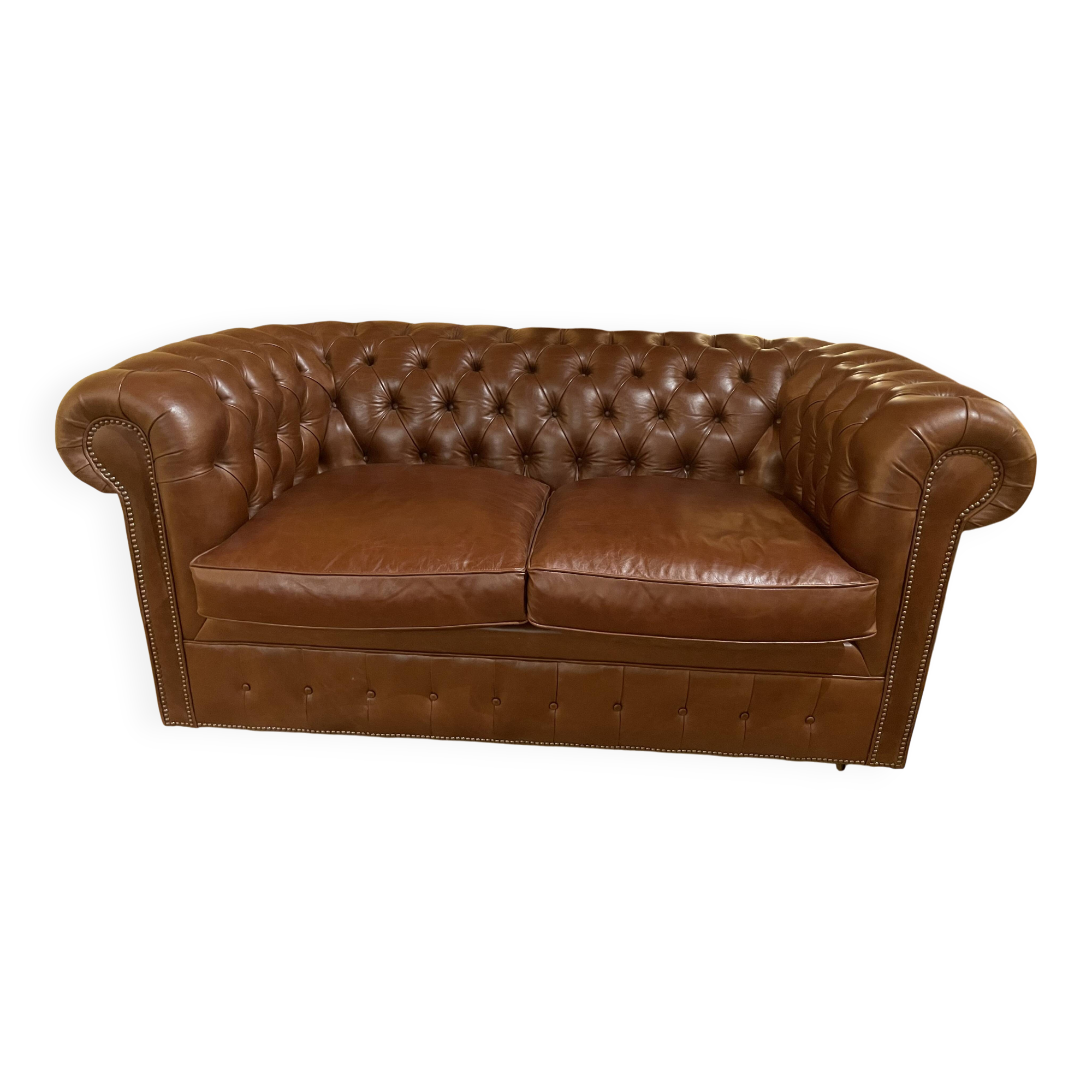 brown leather 2-seater Chesterfield sofa