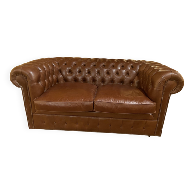 canapé chesterfield 2 places en cuir brun