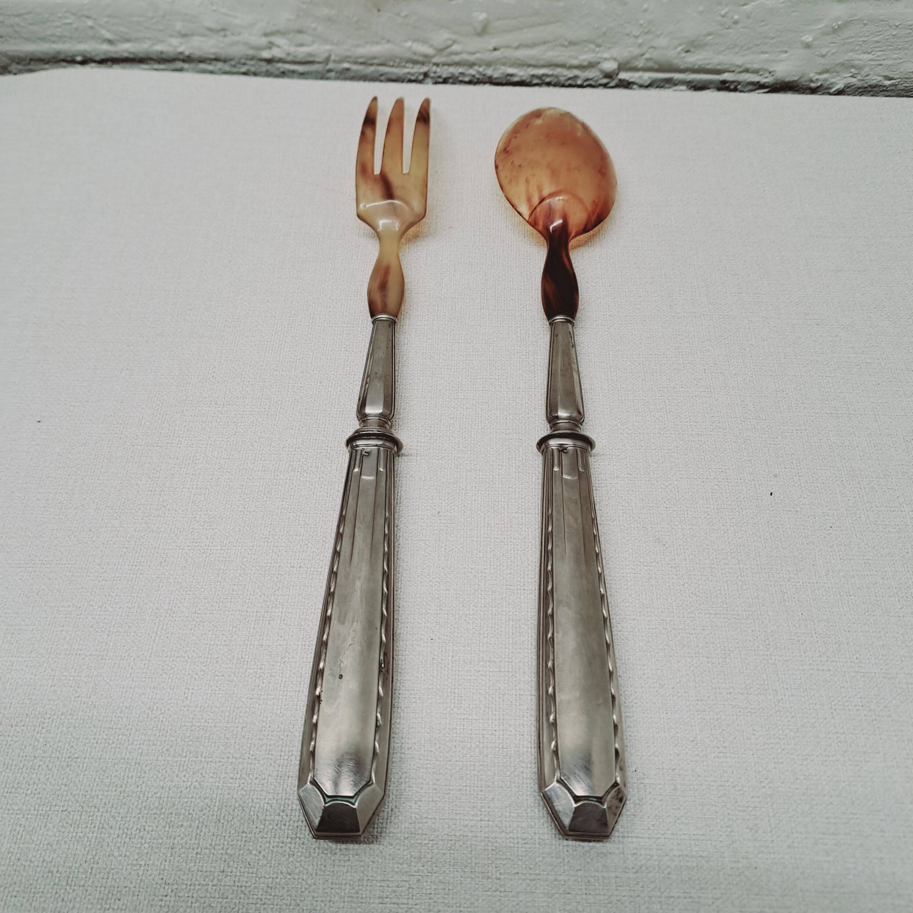 Horn and silver-plated salad servers