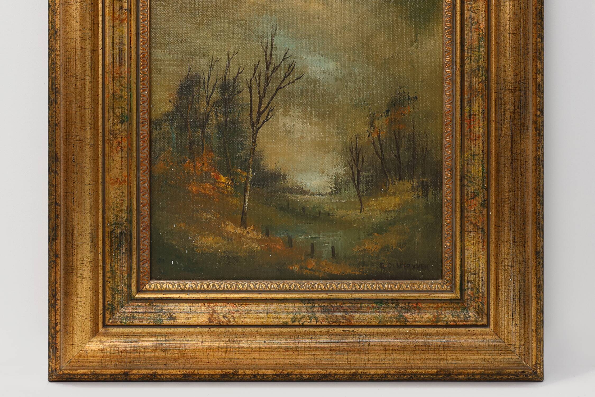 Signed Oil painting of a Landscape in Giltwood Frame, Belgium 1940s