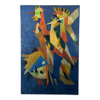 Huile sur toile par Jean Billecocq composition moderne aux coqs 1960
