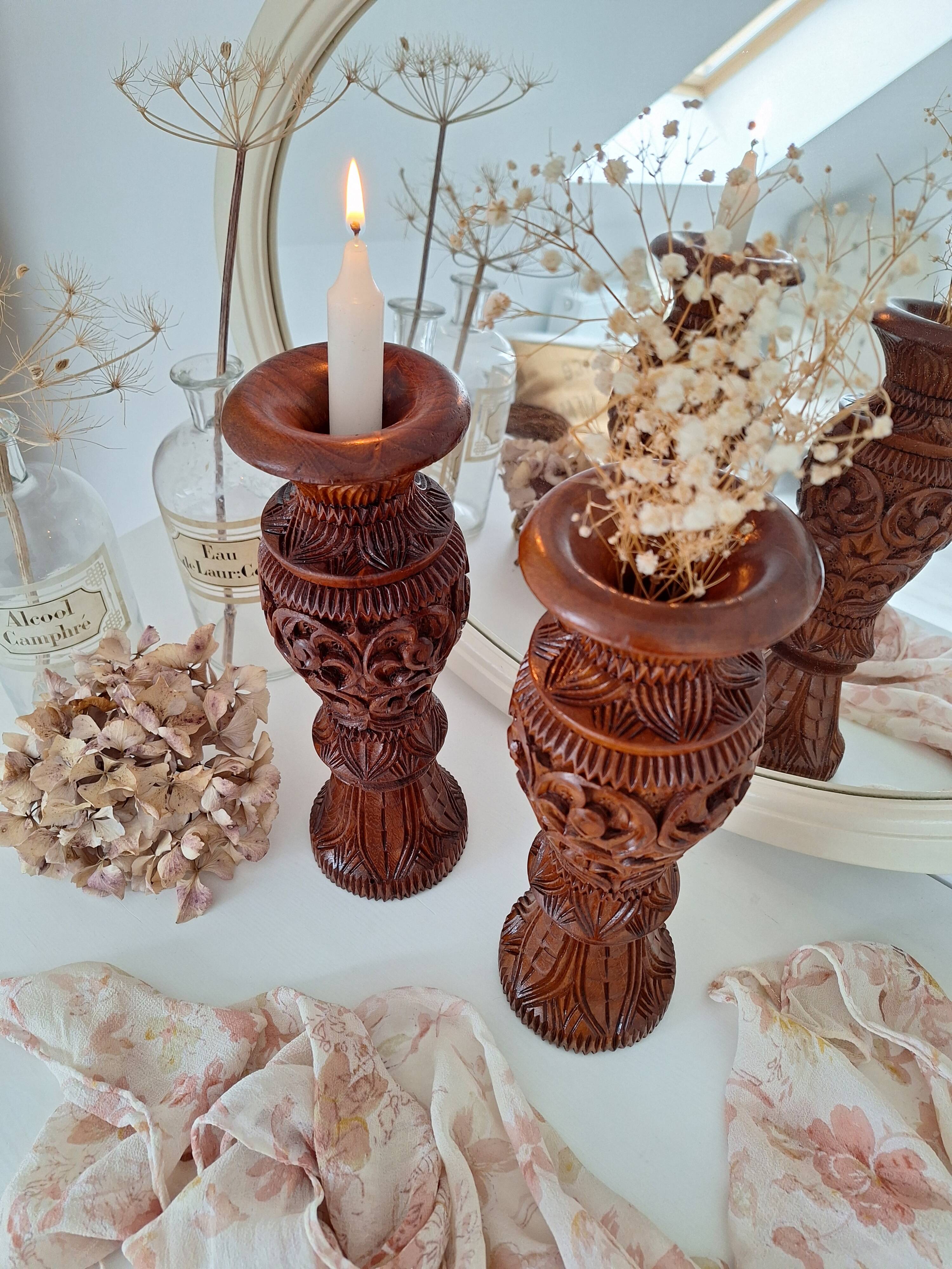 Candlestick / Vase in carved exotic wood