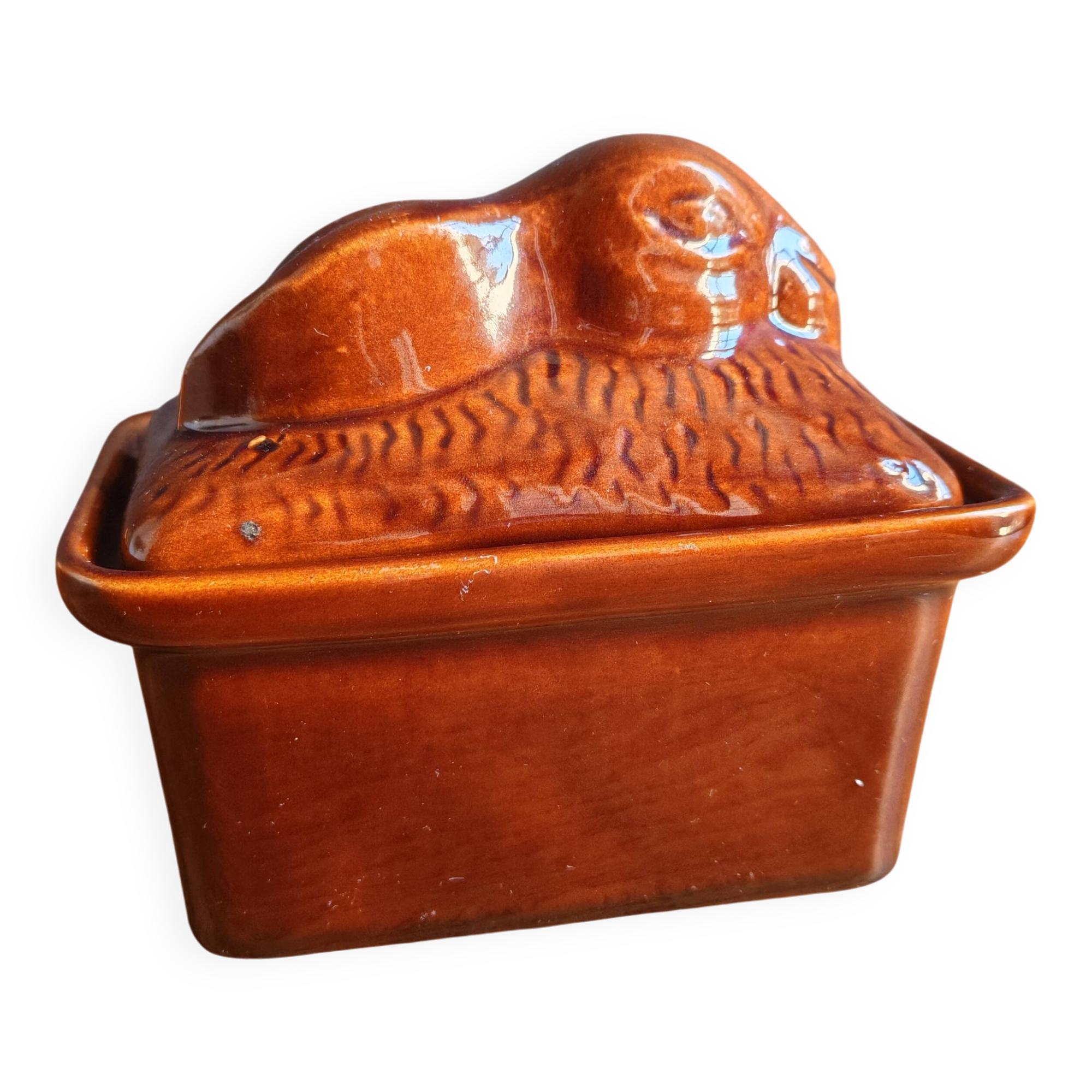 Vintage Rabbit Terrine in Glazed Ceramic - Brown Barbotine
