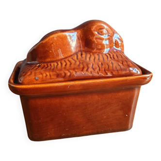 Vintage Rabbit Terrine in Glazed Ceramic - Brown Barbotine