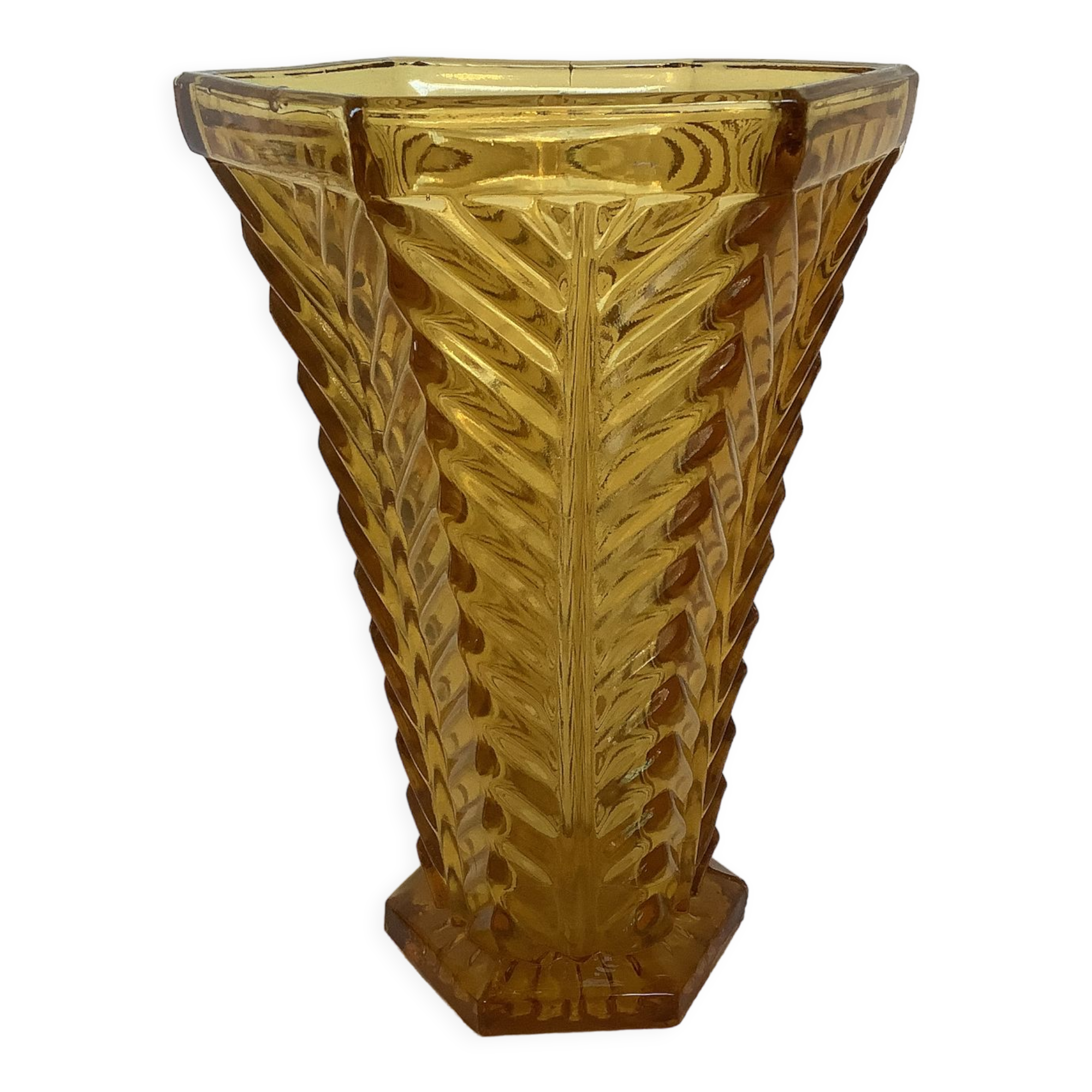 Old yellow molded glass vase chevron pattern