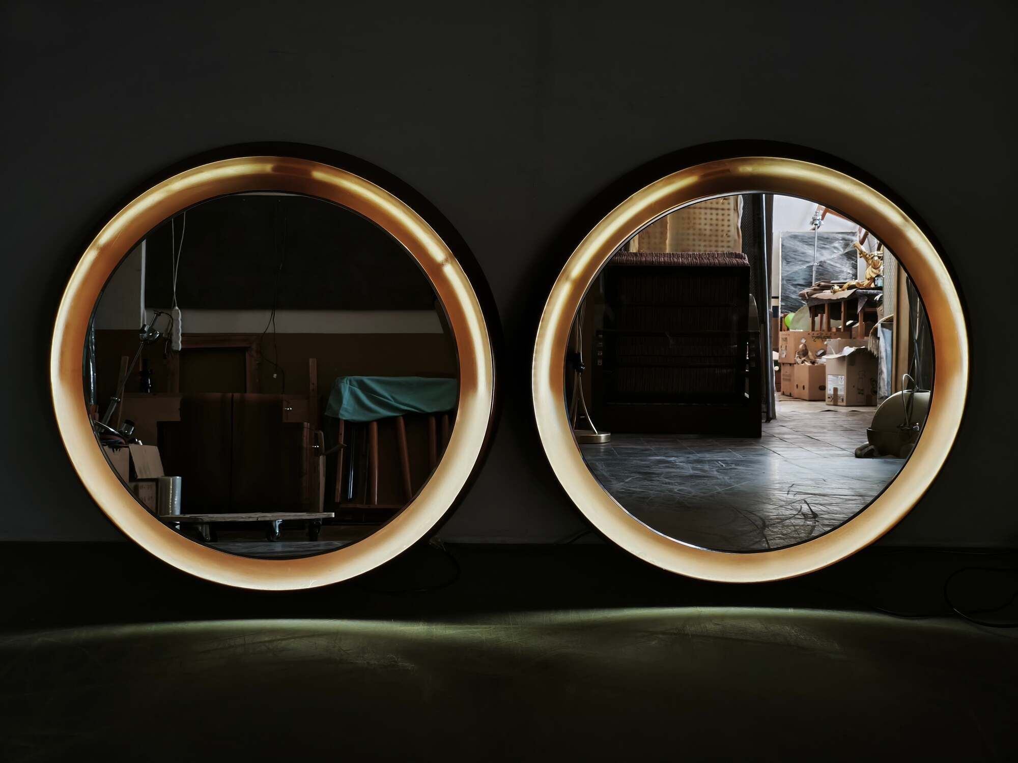 Pair of Italian Space Age Illuminated Round Mirrors, 1970s