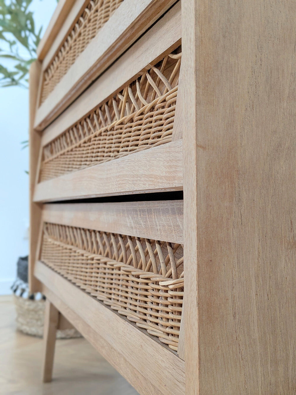 Vintage oak and rattan chest of drawers