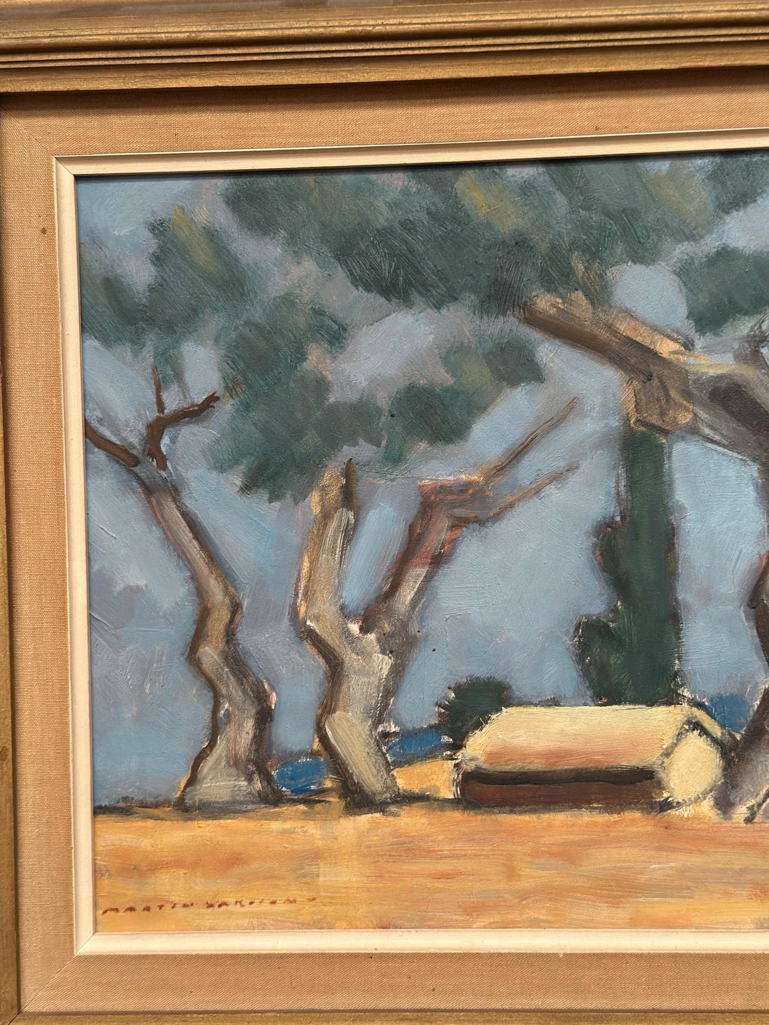 Original Swedish Oil On Panel – “Hut Between Trees” By Martin Larsson – Vintage & Framed – 48 × 40 Cm (18.9" × 15.7")
