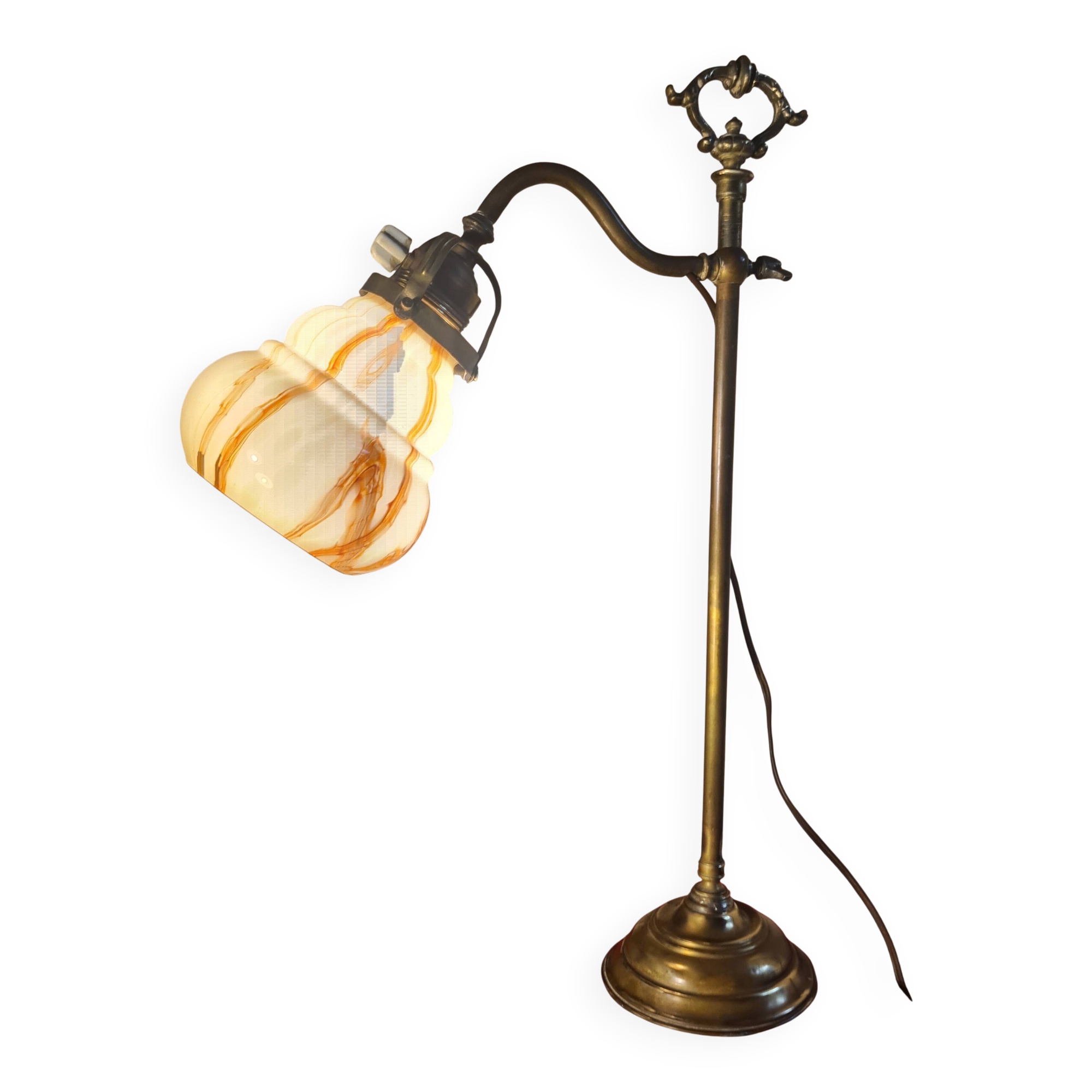 Lampe de bureau réglable ancienne en laiton et verre