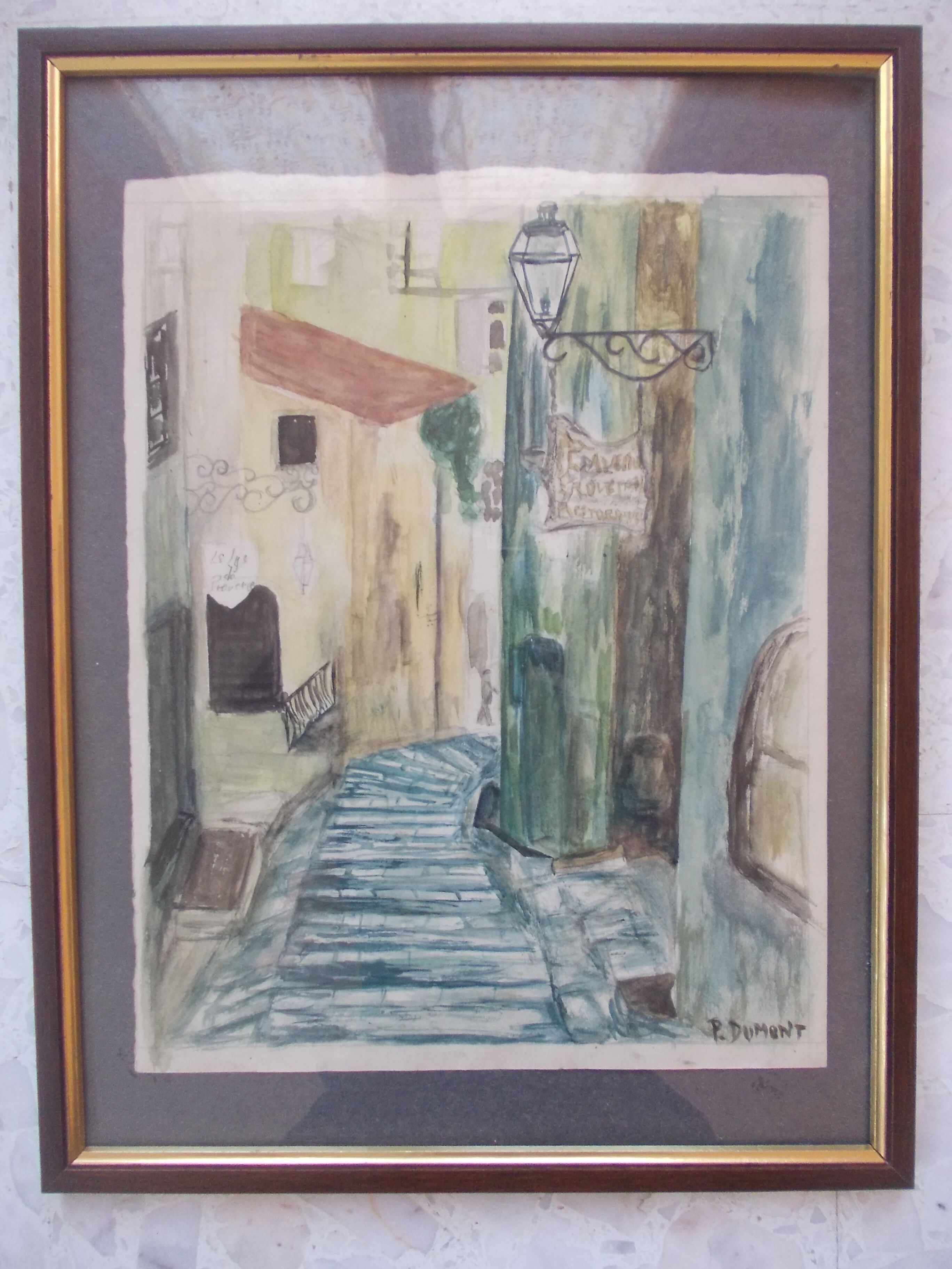 Aquarelle montée de l'eglise à st paul de vence (alpes maritimes 06) signed pierre dumont 1975, frame