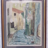 Aquarelle montée de l'eglise à st paul de vence (alpes maritimes 06) signed pierre dumont 1975, frame