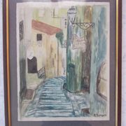 Aquarelle montée de l'eglise à st paul de vence (alpes maritimes 06) signed pierre dumont 1975, frame