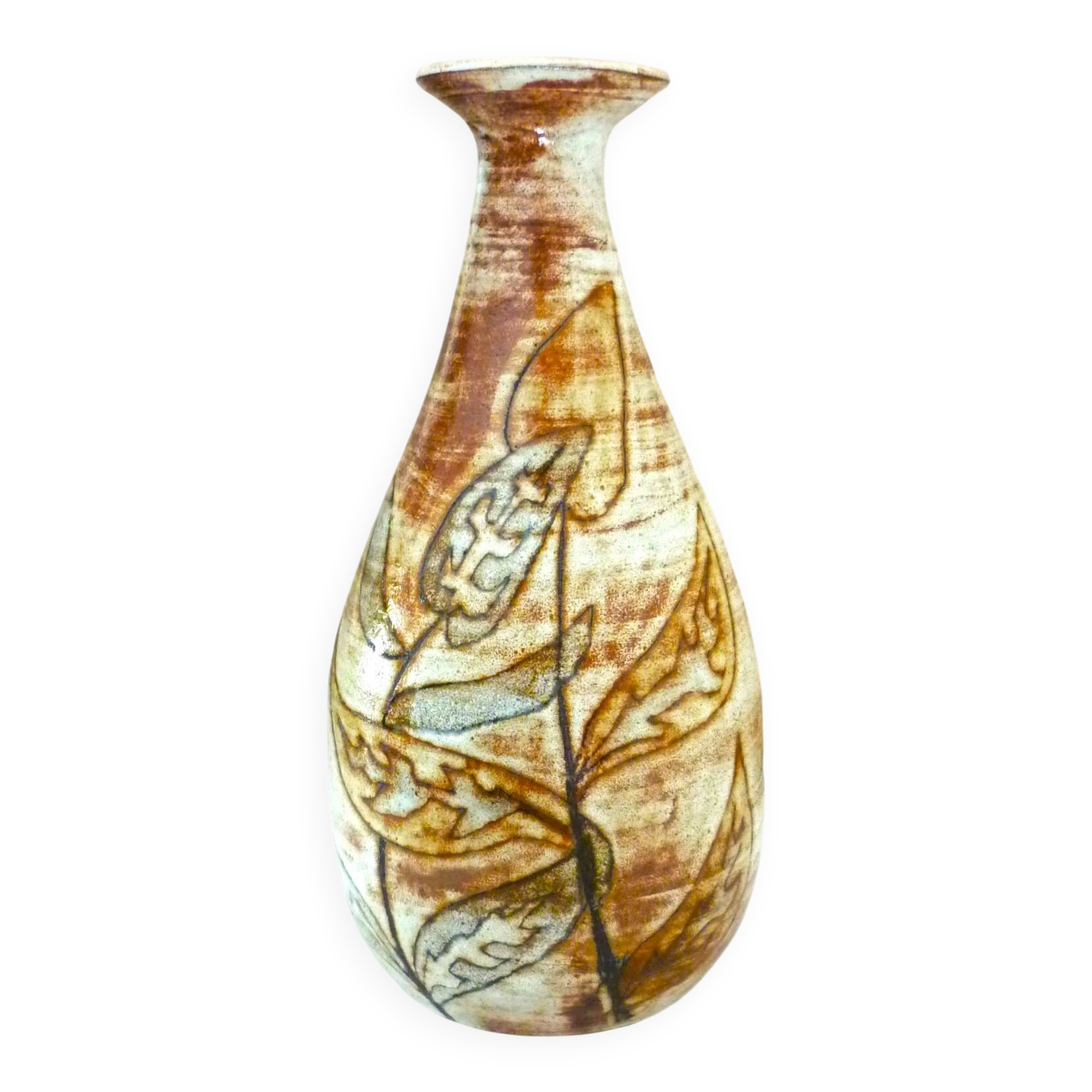 Glazed ceramic drop vase, signed Michel Argans, leaf decoration