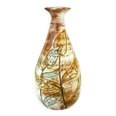 Vase goutte en céramique émaillée, signé Michel Argans, décors de feuilles