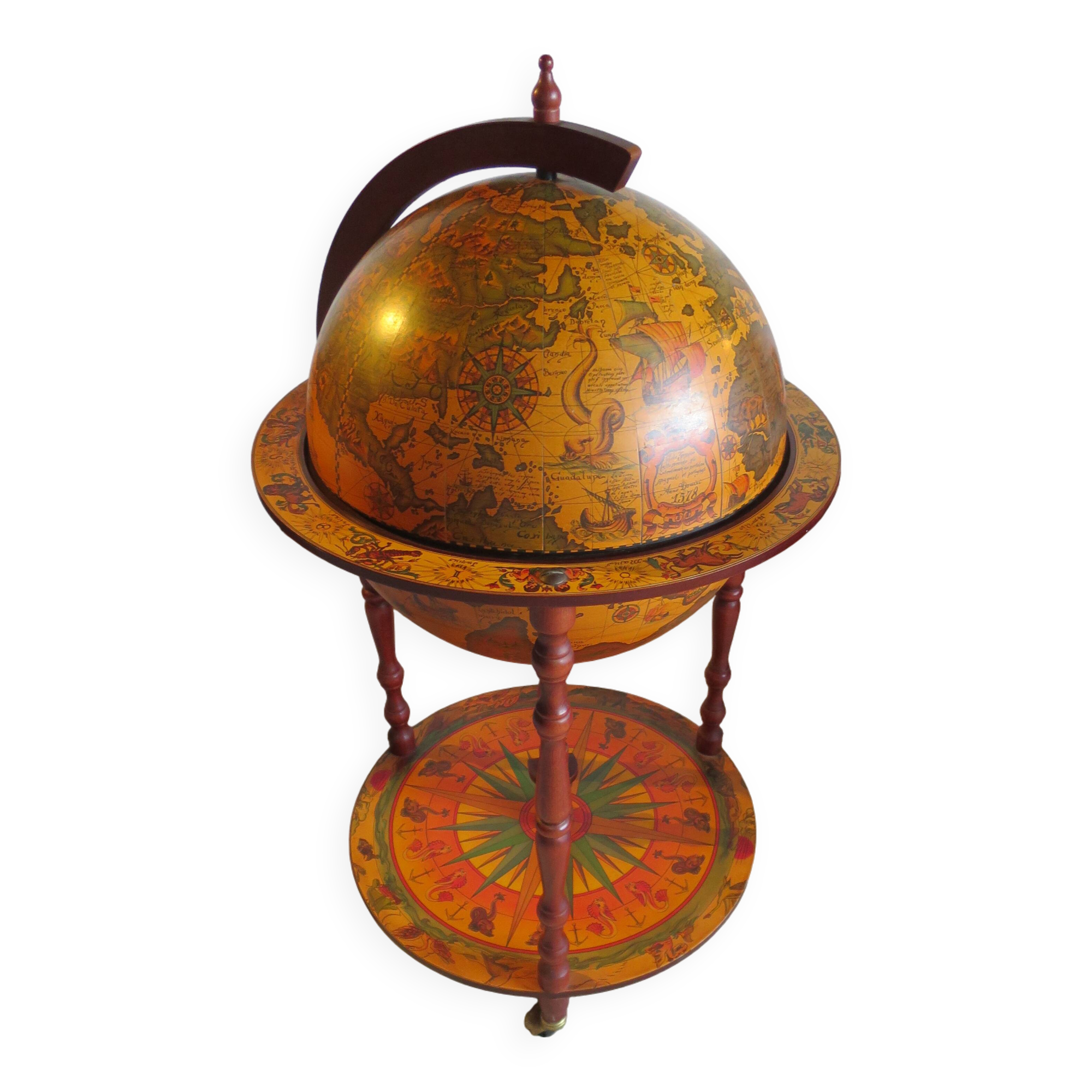 Vintage globe bar cabinet, colonial style, Italy, 1970s